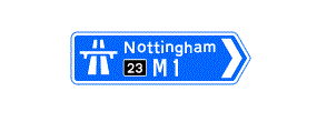 A blue rectangle containing a chevron arrow pointing right, a picture of a motorway next to the words Notttingham, M1 and the number 23 inside a black square