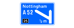 A blue rectangle containing a diagram of a road junction with the number half a mile and 25 in a black square next to it. The road points to Nottingham and the A52.
