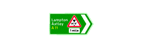 A green rectangle containing a chevron arrow pointing right, the words Lampton Axtley A11 and 1 mile in a white rectangle below two arrows pointing at the measurement 14 foot and 6 inches inside a red outlined triangle
