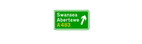 The words Swansea, Abertawe, A483 and an arrow pointing up and to the right inside a green rectangle