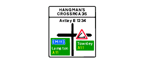 A white rectangle containing the words Hangman's Crossroads above a diagram of a cross roads pointing to the words Axtley B1234, a green square containing the words (M11) Lampton A11 and a green rectangle containing the words Townley A11 below a picture of an open draw bridge inside a red outlined triangle