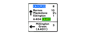 A white rectangle containing the words (A1(M)) 8, Barnes 10, Mackstone 2 and a half, Elkington 1, A404 and (A41) next to an arrow pointing up and Millington Green (A4011) 3 next to an arrow pointing left