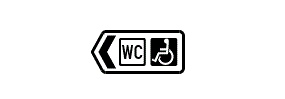 A white rectangle containing a chevron arrow pointing left and two squares containing a picture of a person in a wheelchair and the letters WC