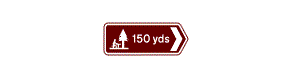 A brown rectangle containing a chevron arrow pointing right, a picture of a picnic area and the measurement 150 yards