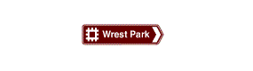 A brown rectangle containing a chevron arrow pointing right, a decorative square and the words Wrest Park