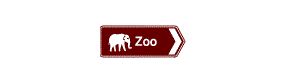 A brown rectangle containing a chevron arrow pointing right, a picture of an elephant and the word Zoo