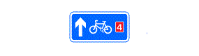 A blue rectangle containg an arrow pointing up, a picture of a bicycle anf the number 4 inside a red square