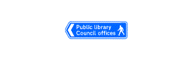 A blue rectangle containing a chevron arrow pointing left, a picture of a person walking and the words Public Library Council offices