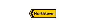 A yellow rectangle containing a chevron arrow pointing left and the word Northtown