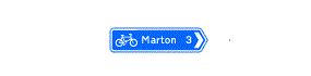 A blue rectangle containing a chevron arrow pointing right, a picture of abicycle and the words Marton 3