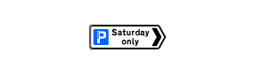 A white rectangle containing a chevron arrow pointing right, a letter P inside a blue square and the words Saturday only