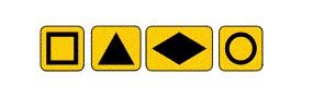 Four yellow rectangles containing a black outlined square and black triangle , a black diamond and a black outlined circle