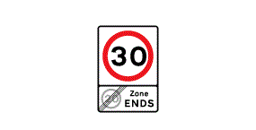 The number 30 inside a red outlined circle within a white rectangle with the words zone ends next to the number 20 inside a grey circle with a diagonal line through it