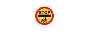 A picture of two children walking, a horizontal line and the word stop on a yellow background inside a red outlined circle
