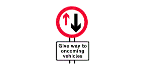 A red arrow pointing up and a black arrow pointing down inside a red outlined circle above the words Give Way to oncoming vehicles inside a white rectangle