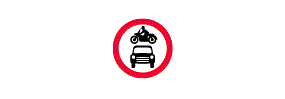 A picture of the back of a black car below the side of a black motorcycle inside a red outlined circle
