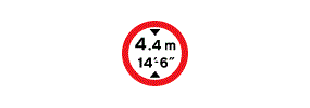 The measurments 4.4 metres and 14 feet and 6 inches with arrows pointing inwards from the top and bottom inside a red outlined circle