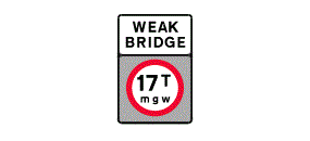 The numbers 17 T and letters m g w inside a red outlined circle below the words Weak Bridge within a white rectangle