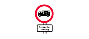 The words Except For Loading inside a white rectangle below a picture of a lorry with the number 7.5 T on its side inside a red outlined circle