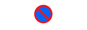 A red outlined circle with a blue fill with a red diagonal line through it