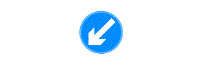 A white arrow pointing down and to the left inside a blue circle