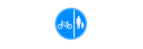 A picture of a bicycle and two pedestrians either side of a vertical line inside a blue circle