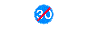 The number 30 with a red diagonal line through it inside a blue circle