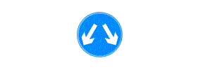 Two white arrows pointing down, to the left and the right inside a blue circle