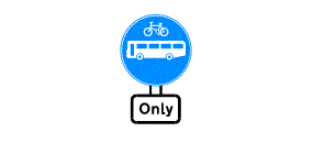 A picture of a bicycle above a bus inside a blue circle above the word Only inside a white rectangle
