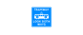 A picture of a tram with the words Tramway Look Both Ways inside a blue square