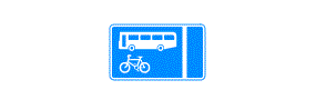 A picture of a bus above a bicycle next to a vertical line inside a blue rectangle