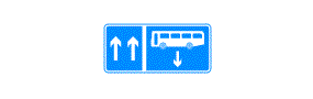 A picture of a bus above an arrow pointing down next to a vertical line and two arrows pointing up inside a blue rectangle