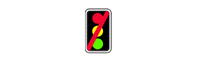 A picture of a traffic light with a red diagonal line through it inside a white rectangle