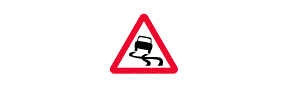 A picture of a car with skid marks behind it inside a red outlined triangle