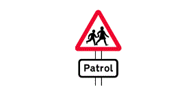 The word Patrol inside a white rectangle below a picture of two children inside a red outlined triangle