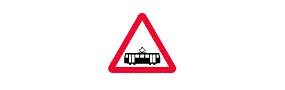 A picture of a tram inside a red outlined triangle