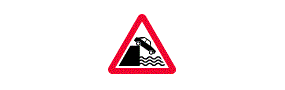 A picture of a car driving into water inside a red outlined triangle