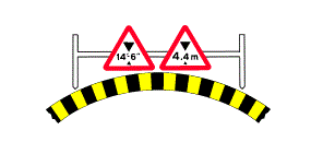 Two arrows pointing at the measurement 14 foot and 6 inches inside a red outlined triangle, next to two arrows pointing at the measurement 4.4 metres inside a red outlined triangle, both above a black and yellow striped arch