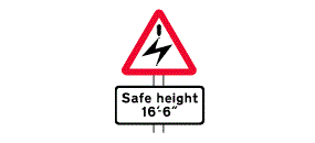 The words Safe Height 16 foot and 6 inches inside a white rectangle below a picture of a lightning flash inside a red outlined triangle