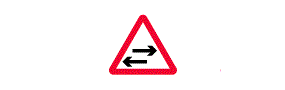 A horizontal arrow pointing left below a horizontal arrow pointing right inside a red outlined triangle